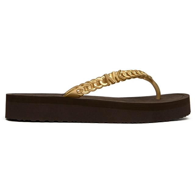 The Michael Kors Zaza brings luxe poolside vibes with its distinctive chain-effect straps that catch the light beautifully. These sleek brown slides feature durable PVC uppers and grippy rubber soles, making them perfect for everything from resort lounging to casual city strolls. The subtle MK branding adds that signature designer touch without being overpowering.