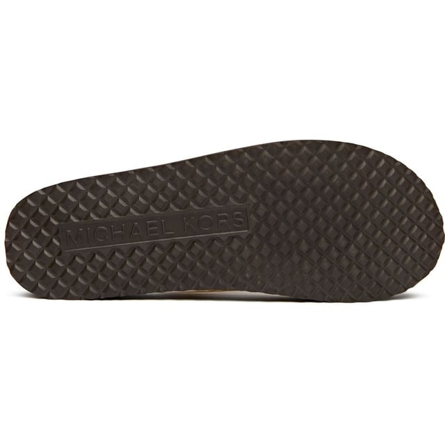 The Michael Kors Zaza brings luxe poolside vibes with its distinctive chain-effect straps that catch the light beautifully. These sleek brown slides feature durable PVC uppers and grippy rubber soles, making them perfect for everything from resort lounging to casual city strolls. The subtle MK branding adds that signature designer touch without being overpowering.