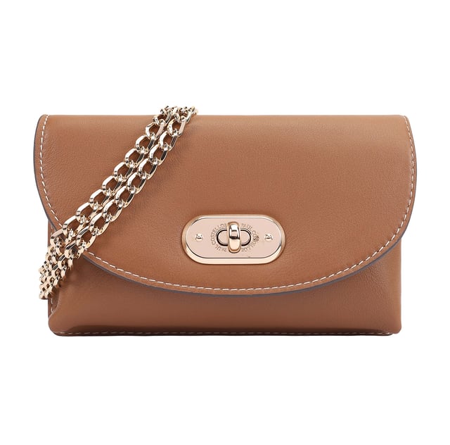 Introducing the Zayda Small Leather Crossbody Bag, meticulously crafted from soft, genuine leather for a luxurious feel. This stylish bag features a sleek chain strap and a branded turn-lock closure, adding a touch of sophistication to any outfit. Inside, you'll find convenient card slots to keep your essentials organized, while a handy slip pocket on the back allows for quick access to your most important items. The removable chain strap lets you transform this bag into a chic clutch, making it the perfect accessory for any occasion.