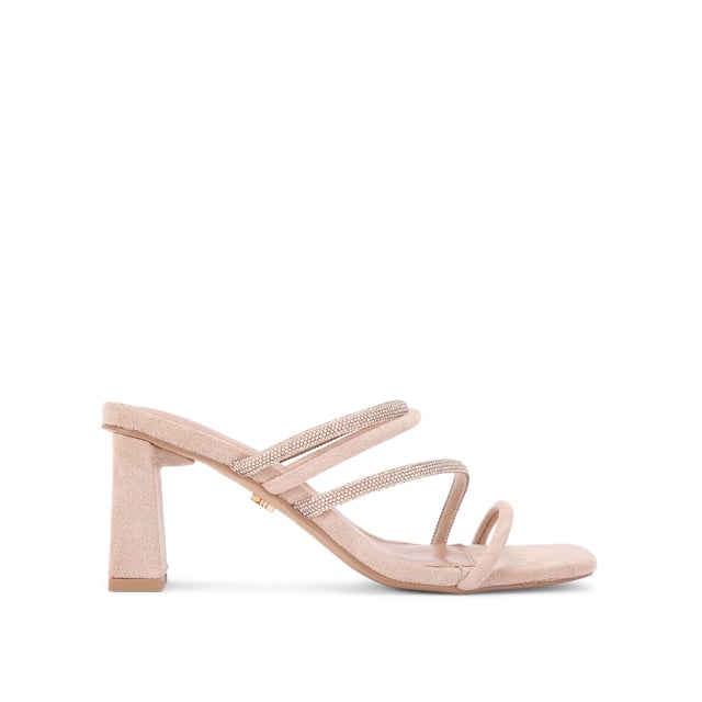 The Sasha from KG Kurt Geiger is a high block slip-on heel crafted from a soft pink microsuede. There are multiple straps securing the foot which are embellished with pink crystals. Heel height: 7cm.