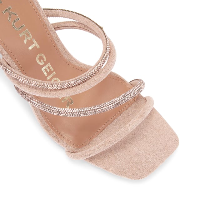 The Sasha from KG Kurt Geiger is a high block slip-on heel crafted from a soft pink microsuede. There are multiple straps securing the foot which are embellished with pink crystals. Heel height: 7cm.