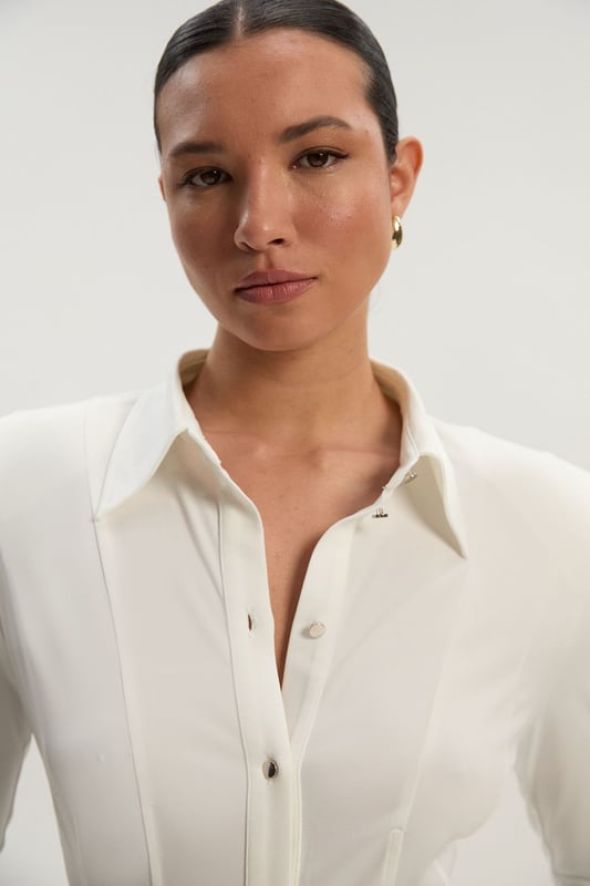 Power Shoulder Drapey Crepe Seam Detail Shirt