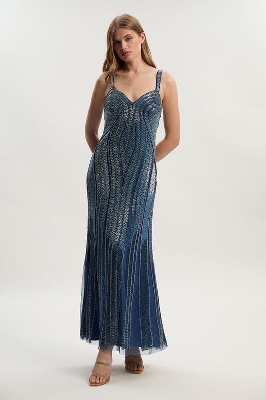 Beaded Contour Sweet Heart Neckline Woven Maxi Dress