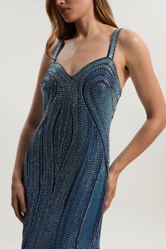Beaded Contour Sweet Heart Neckline Woven Maxi Dress