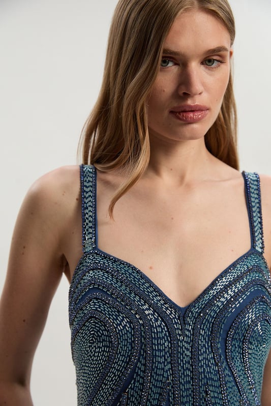 Beaded Contour Sweet Heart Neckline Woven Maxi Dress