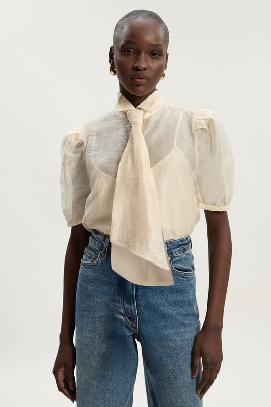 Organdie Tie Neck Woven Shirt