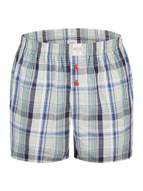 Bequeme Web-Boxershorts aus weich verarbeitetem Material. Die Shorts sind weit und locker geschnitten. Der sehr elastische, weiche Bund verursacht wenig Druck und sorgt für ein angenehmes Tragegefühl. Außerdem besitzen diese Unterhosen einen verdeckten und einfach geknöpften Eingriff sowie ein Label vorn am Bund.