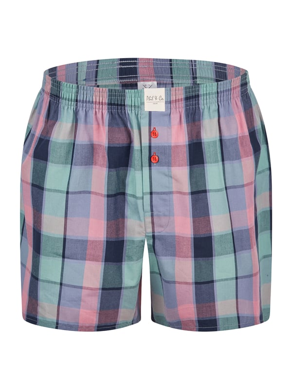Bequeme Web-Boxershorts aus weich verarbeitetem Material. Die Shorts sind weit und locker geschnitten. Der sehr elastische, weiche Bund verursacht wenig Druck und sorgt für ein angenehmes Tragegefühl. Außerdem besitzen diese Unterhosen einen verdeckten und einfach geknöpften Eingriff sowie ein Label vorn am Bund.