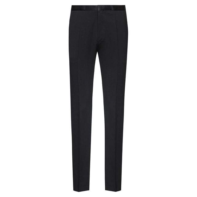 Mens HUGO HetonS Tuxedo Trousers in black- Classic tuxedo trousers- Slim fit- Zip and hook closure- Silk waistband and side trims- Front slant pockets- Rear welt pockets- Main material: 98% Virgin wool  2% Elastane.  Lining: 100% Viscose.  Inserts: 100% Silk.  Dry clean.- Ref: 50321049-001