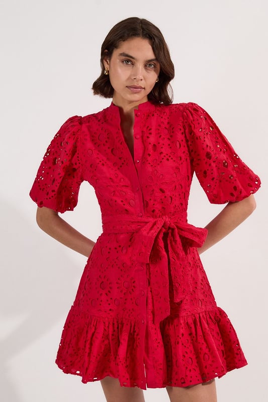 Cotton Broderie Woven Tie Waist Mini Dress