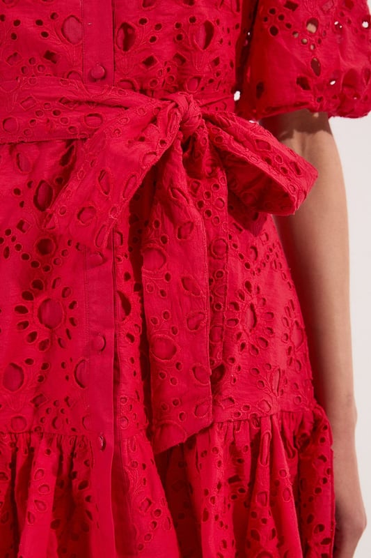 Cotton Broderie Woven Tie Waist Mini Dress