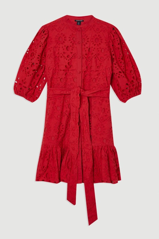 Cotton Broderie Woven Tie Waist Mini Dress