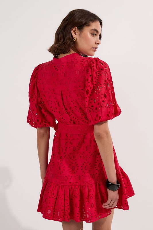 Cotton Broderie Woven Tie Waist Mini Dress