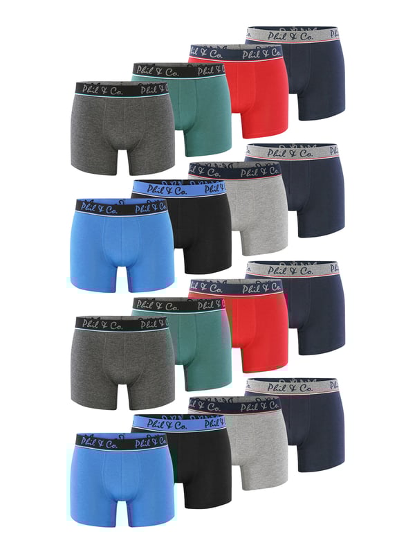 Herren Boxershorts im günstigen Mehrpack aus dem Hause Phil & Co. Berlin. Bestellen Sie noch heute Ihre neue Lieblingsunterwäsche und überzeugen Sie sich selbst von dem unschlagbaren Preis-Leistungs-Verhältnis von Phil & Co. Berlin! Die günstigen Herren-Trunks bieten ein optimales Tragegefühl. Der angenehme Baumwoll-Mix schmeichelt der Haut, gewährleistet Formstabilität und besten Komfort. Die Shorts kommen ohne störende Nähte im Gesäßbereich aus. Der breite Kontrastbund gibt der Shorts optisch den letzten Schliff und sorgt dafür, dass die Shorts nicht verrutscht und dort bleibt, wo sie hingehört - ohne einzuschneiden. Damit nichts kratzt oder juckt, hat Phil & Co. bei Ihren Boxershorts bewusst auf störende Etiketten verzichtet und die Pflegenhinweise eingedruckt