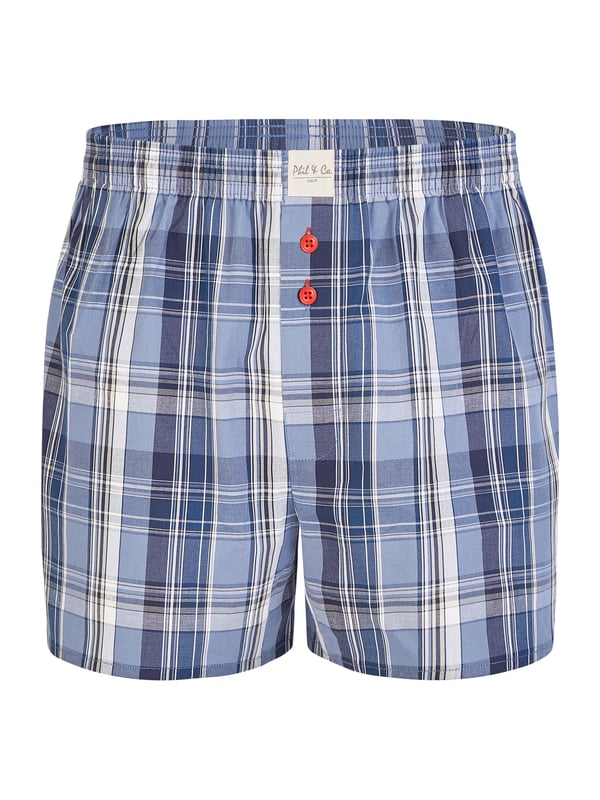 Bequeme Web-Boxershorts aus weich verarbeitetem Material. Die Shorts sind weit und locker geschnitten. Der sehr elastische, weiche Bund verursacht wenig Druck und sorgt für ein angenehmes Tragegefühl. Außerdem besitzen diese Unterhosen einen verdeckten und einfach geknöpften Eingriff sowie ein Label vorn am Bund.