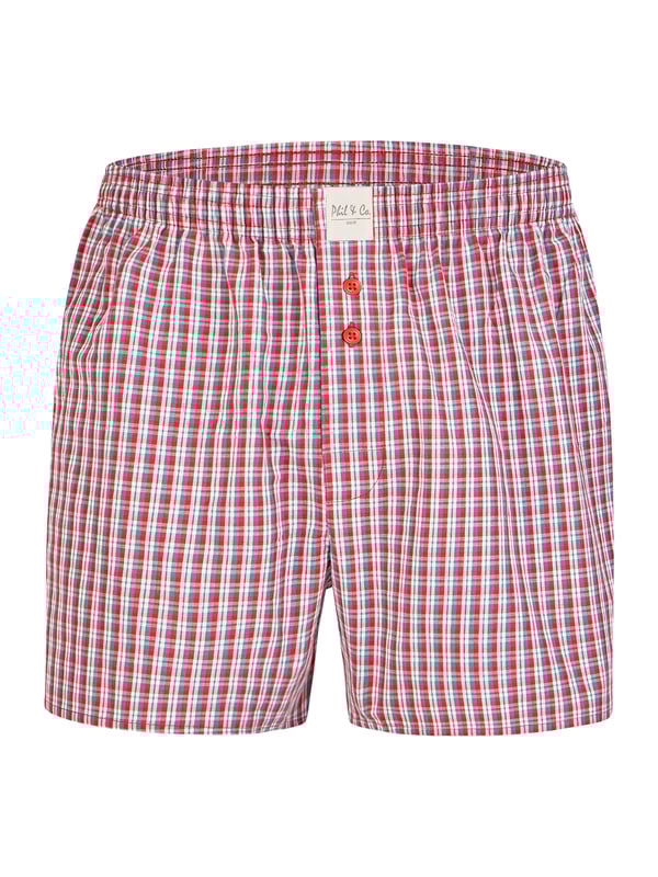 Bequeme Web-Boxershorts aus weich verarbeitetem Material. Die Shorts sind weit und locker geschnitten. Der sehr elastische, weiche Bund verursacht wenig Druck und sorgt für ein angenehmes Tragegefühl. Außerdem besitzen diese Unterhosen einen verdeckten und einfach geknöpften Eingriff sowie ein Label vorn am Bund.