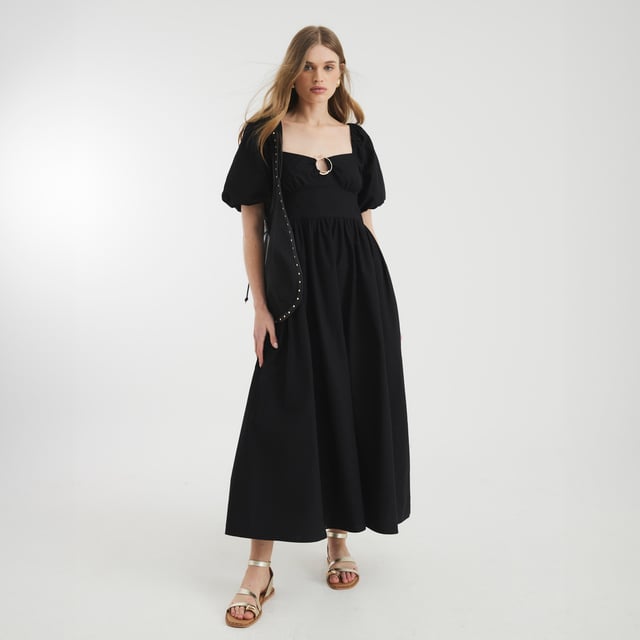 River Island Womens Midi Dress Black Short Sleeve Ring Detail