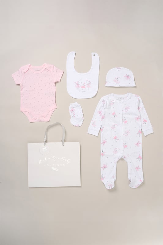 Surprise new parents with the printed 5-Piece baby gift Set from Rock A Bye Baby Boutique. This thoughtful bundle includes a cosy matching all-in-one, bodysuit, bib, hat, and mitts for essential wardrobe pieces. Crafted from 100% cotton, each item ensures their baby stays stylish and snug, perfect for everyday wear or special occasions. Packaged elegantly in a mesh bag.