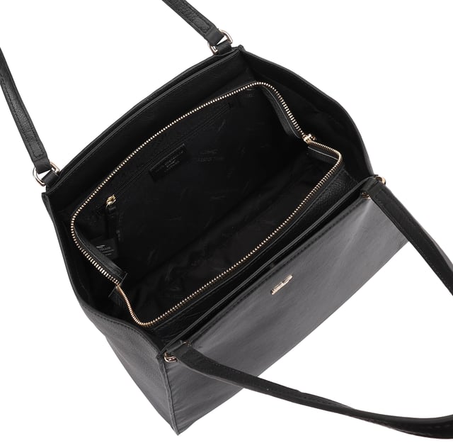 This uniquely shaped leather tote bag combines elegance with practicality, featuring a spacious central compartment secured by a top zip, perfect for work or casual outings. It offers convenient organization with external slip pockets on both sides, an internal zip pocket, and an additional slip pocket inside. Designed for comfort, the long shoulder handles make it easy to carry all day, while the clean silhouette is elevated by a sleek metal logo pin for a touch of refined style. D:18cm W:42.5cm H:27.5