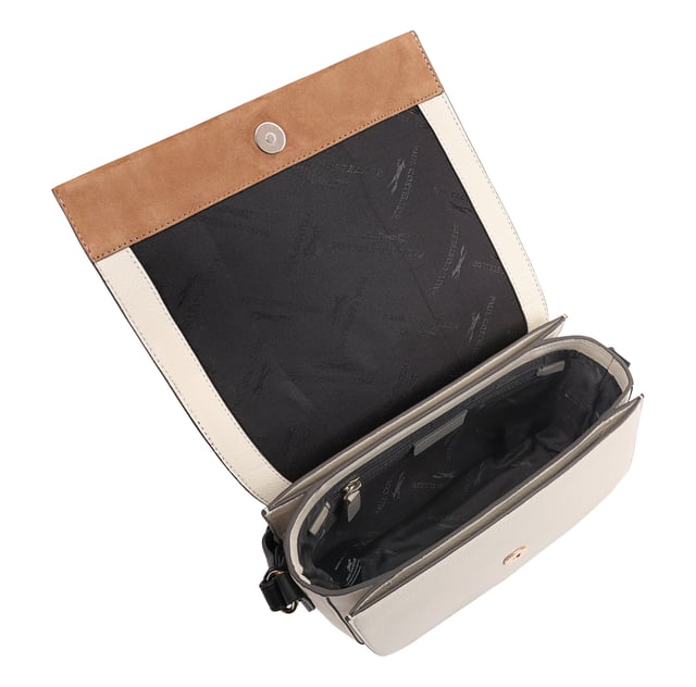 This stylish leather flap-over bag 'BRAZOS' blends functionality with modern design, featuring smooth suede leather on the outer flap for a chic touch. It offers smart organization with two slip pockets on either side of the central compartment, which includes an internal zip pocket and a slip pocket for essentials. Finished with a wide, length-adjustable shoulder strap, it ensures comfortable wear and effortless style for everyday use. D:8.5cm W:24cm H:18cm