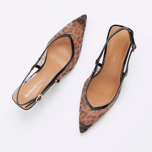 River Island Womens Brown Leopard Print Mesh Court Heeled Shoes