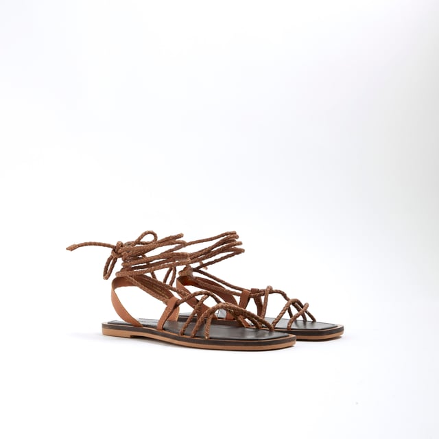 River Island Womens Sandals Brown Leather Plaited Tie Gladiator