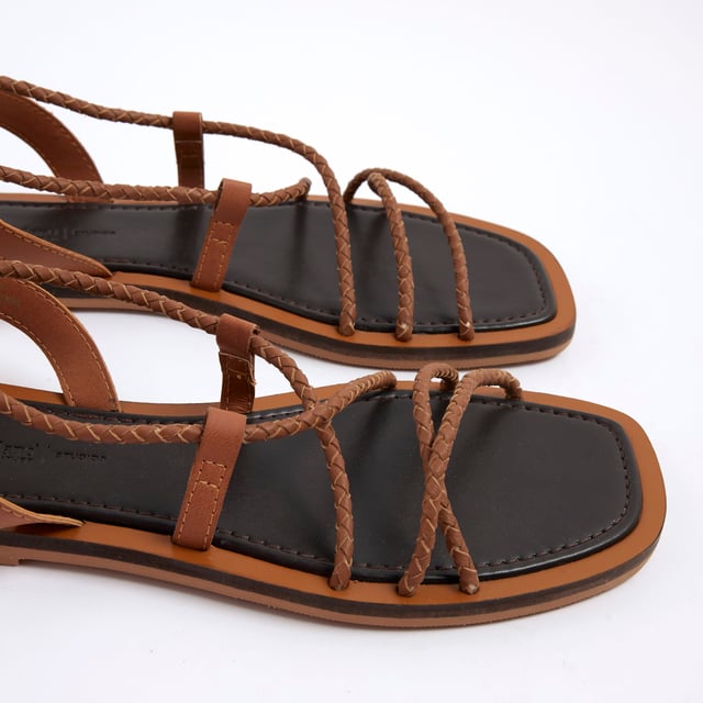 River Island Womens Sandals Brown Leather Plaited Tie Gladiator