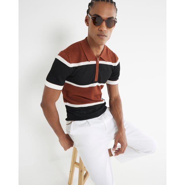 Regular fit, Polo collared, Colour blocked, Quarter zipped, Short sleeves, Lightweight, Comfort stretch, Engineered fit, TexturedAbout the brandFASHION IS OUR DNARiver Island is an icon of the British high street. Inspired by the latest trends and our heritage style archives, we've been serving style and leading trends for over sixty years.We make fashion for real people with real lives, who want to look real good. Because life's a celebration - let's dress for it.