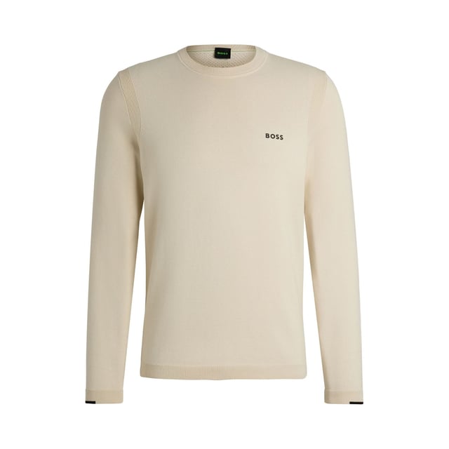 A distinctive sweater by BOSS Menswear. Cut to a regular fit  this top is designed in stretch material with a contrast logo print. This product is partly made with organic cotton. Our organic standards do not allow the use of synthetic fertilisers  pesticides or genetically modified seeds. crewneck - tech-flex cotton stretch knit - contrast HD logo print at left chest tonal to tipping detail - ergonomic moving ribbed seams for comfort and freedom of movement - integrated perforation structure at inner collar  back and underarm for body ventilation