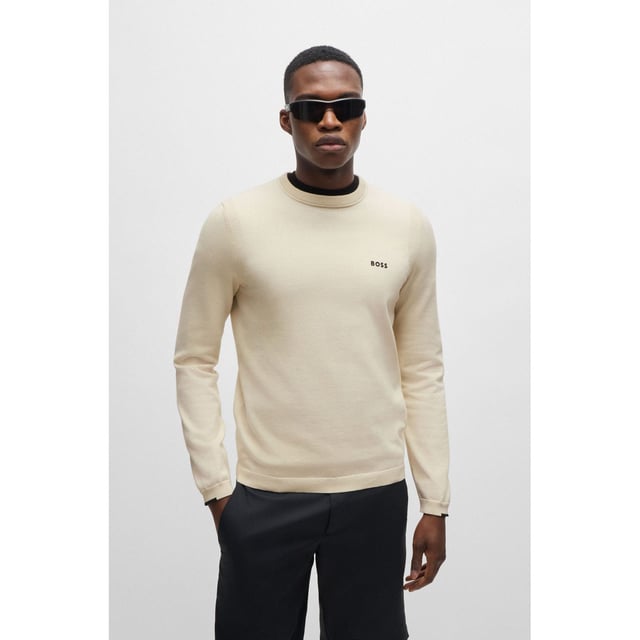 A distinctive sweater by BOSS Menswear. Cut to a regular fit  this top is designed in stretch material with a contrast logo print. This product is partly made with organic cotton. Our organic standards do not allow the use of synthetic fertilisers  pesticides or genetically modified seeds. crewneck - tech-flex cotton stretch knit - contrast HD logo print at left chest tonal to tipping detail - ergonomic moving ribbed seams for comfort and freedom of movement - integrated perforation structure at inner collar  back and underarm for body ventilation