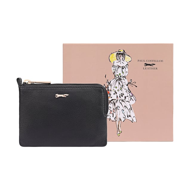 Coin pouch adorned with a sleek brand logo pin on the front, combines functionality with sophisticated style. Made from soft quality leather, it offers a secure and stylish way to keep your coins organized. Presented in a beautiful gift box, it makes a perfect present for any occasion, showcasing both luxury and practicality. D:1.7cm W:14cm H:9.5cm