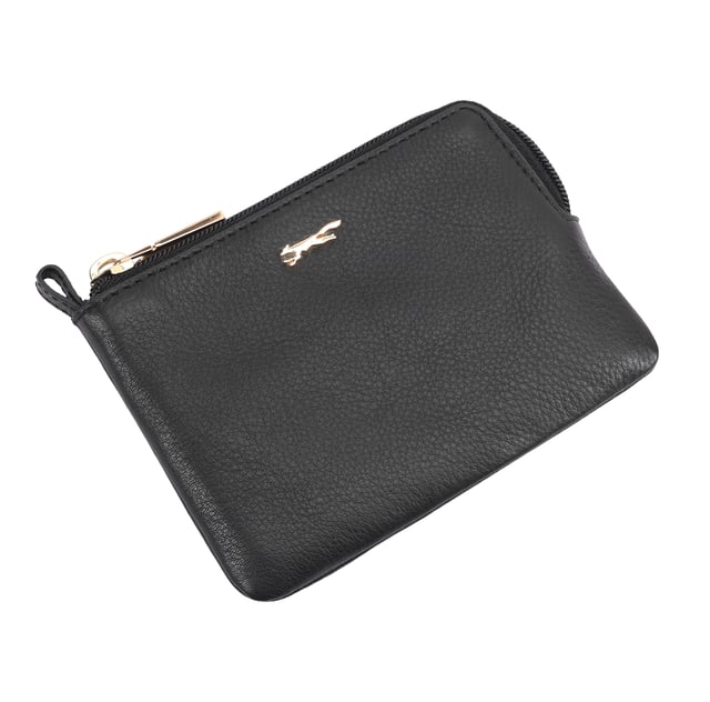 Coin pouch adorned with a sleek brand logo pin on the front, combines functionality with sophisticated style. Made from soft quality leather, it offers a secure and stylish way to keep your coins organized. Presented in a beautiful gift box, it makes a perfect present for any occasion, showcasing both luxury and practicality. D:1.7cm W:14cm H:9.5cm