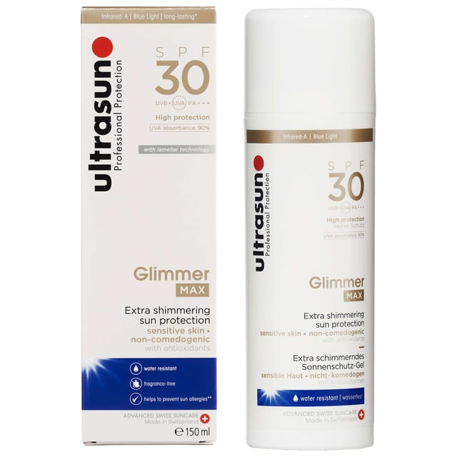 Experience ultimate sun protection with Ultrasun Body Glimmer MAX SPF30. This innovative formula shields your skin from harmful rays and infuses it with golden Mica particles for a stunning glow. Packed with antioxidants, this long-lasting and water-resistant lotion neutralizes free radicals, suitable for all skin types, including sensitive skin. With GSP-T, Vitamin E, and being reef-friendly, vegan, and cruelty-free, it's perfect for everyone, including pregnant women. Apply to clean, dry skin 15 minutes before sun exposure for best results.