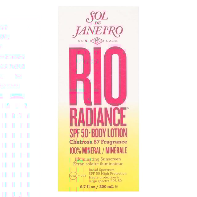 Experience ultimate skin protection and hydration with Sol de Janeiro's Rio Radiance SPF50 Body Lotion. This lightweight, mineral formula provides broad-spectrum UVA/UVB protection while deeply moisturizing your skin for a silky finish. Enriched with cupuaçu butter to seal in moisture and niacinamide to brighten your skin tone, it leaves your skin radiant and healthy. Infused with the delightful Cheirosa 87 scent of solar tuberose and creamy leite de coco, it brings beachy nostalgia. Apply and massage for glowing, protected skin all day.