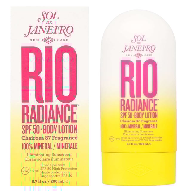 Experience ultimate skin protection and hydration with Sol de Janeiro's Rio Radiance SPF50 Body Lotion. This lightweight, mineral formula provides broad-spectrum UVA/UVB protection while deeply moisturizing your skin for a silky finish. Enriched with cupuaçu butter to seal in moisture and niacinamide to brighten your skin tone, it leaves your skin radiant and healthy. Infused with the delightful Cheirosa 87 scent of solar tuberose and creamy leite de coco, it brings beachy nostalgia. Apply and massage for glowing, protected skin all day.