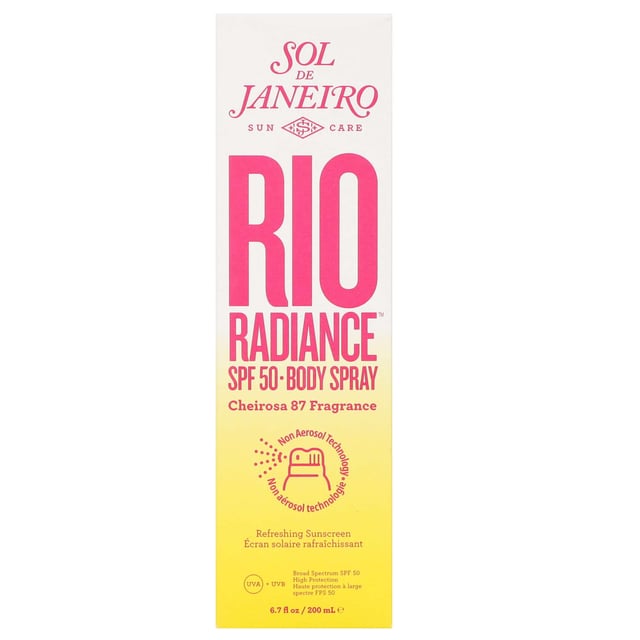 Experience ultimate sun protection with Sol de Janeiro Rio Radiance SPF 50 Body Spray. This luxurious spray shields skin from harmful UV rays while delivering a radiant glow. Infused with coconut water, it refreshes and cools the skin. The Vitamin C-rich pitanga extract and niacinamide help brighten skin tone, while pongamia seed extract offers antioxidant benefits. Enjoy the captivating Cheirosa 87 scent with notes of solar tuberose and creamy leite de coco. For best results, shake well and apply 15 minutes prior to sun exposure, reapplying regularly.