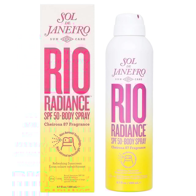 Experience ultimate sun protection with Sol de Janeiro Rio Radiance SPF 50 Body Spray. This luxurious spray shields skin from harmful UV rays while delivering a radiant glow. Infused with coconut water, it refreshes and cools the skin. The Vitamin C-rich pitanga extract and niacinamide help brighten skin tone, while pongamia seed extract offers antioxidant benefits. Enjoy the captivating Cheirosa 87 scent with notes of solar tuberose and creamy leite de coco. For best results, shake well and apply 15 minutes prior to sun exposure, reapplying regularly.