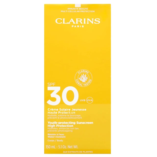 Clarins High Protection Youth-Protecting Sunscreen SPF30 - 150ml Experience ultimate sun protection with Clarins Youth-Protecting Sunscreen SPF30. This 150ml sunscreen features a lightweight, melting texture that effortlessly glides onto your skin, leaving a non-greasy, matte finish. Its advanced water-resistant formula is gentle on the eyes, ensuring comfort while shielding against harmful UVA and UVB rays. Enriched with argan tree extract, it enhances hydration and firms the skin, combating wrinkles effectively. Aloe vera adds an extra layer of soothing moisture. For best results, apply generously and reapply every 2 hours for continuous protection.