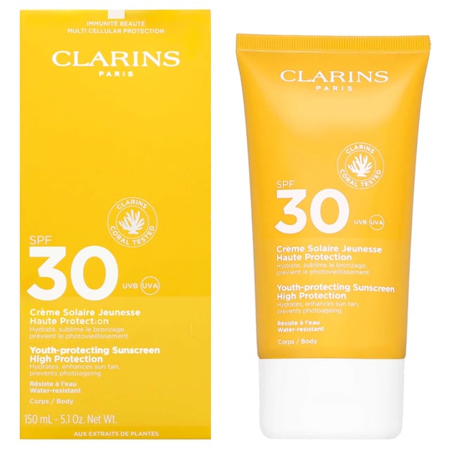 Clarins High Protection Youth-Protecting Sunscreen SPF30 - 150ml Experience ultimate sun protection with Clarins Youth-Protecting Sunscreen SPF30. This 150ml sunscreen features a lightweight, melting texture that effortlessly glides onto your skin, leaving a non-greasy, matte finish. Its advanced water-resistant formula is gentle on the eyes, ensuring comfort while shielding against harmful UVA and UVB rays. Enriched with argan tree extract, it enhances hydration and firms the skin, combating wrinkles effectively. Aloe vera adds an extra layer of soothing moisture. For best results, apply generously and reapply every 2 hours for continuous protection.