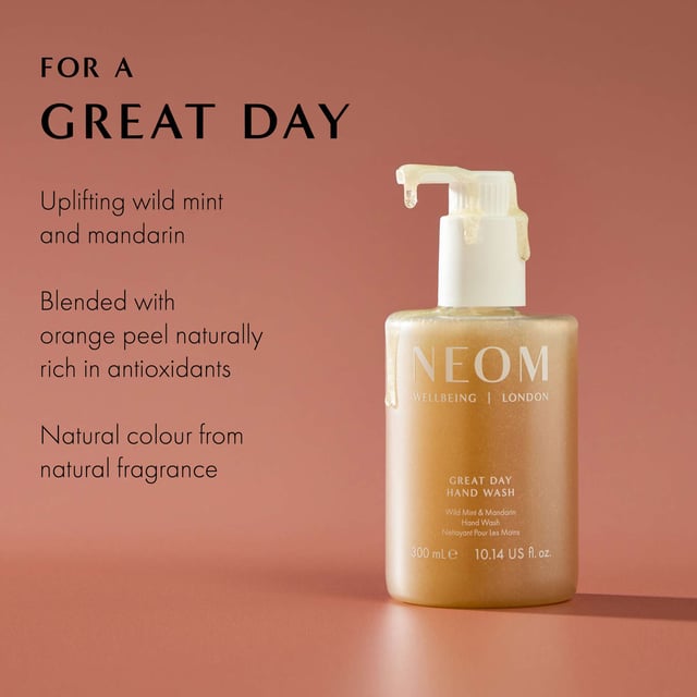 Neom Wellbeing Great Day Hand Wash and Lotion Duo - 300ml Experience the uplifting power of Neom Wellbeing London’s Great Day Hand Wash and Lotion Duo. This luxurious set features a 300ml hand wash and a 300ml hand lotion, both infused with 100% natural essential oils, including Wild Mint and Mandarin. The hand wash gently exfoliates with orange peel and olive crush while nourishing your skin with aloe vera. The lotion, enriched with shea butter, provides deep hydration and a delightful scent. Perfect for elevating your mood and adding self-care to your routine, this duo leaves your hands feeling soft and revitalized.