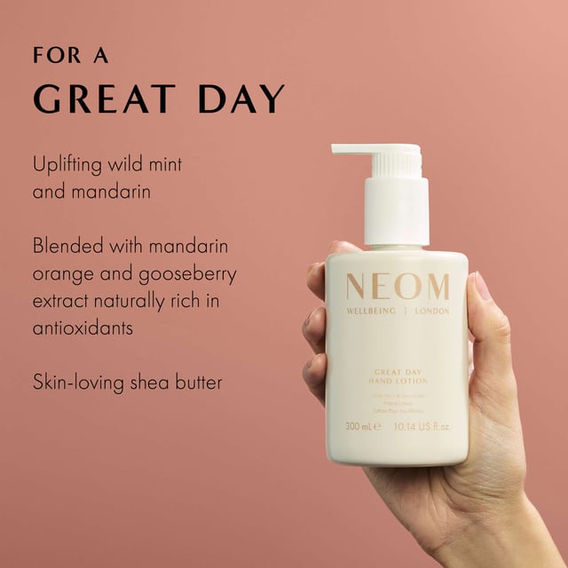 Experience the essence of wellbeing with Neom Wellbeing London's Great Day Hand Lotion, infused with uplifting Wild Mint and Mandarin. This luxurious hand lotion nourishes your skin with rich shea butter and envelops you in a delightful blend of 7 essential oils designed to elevate your mood. Perfect for a refreshing pick-me-up, apply to wet hands and massage for a rejuvenating experience. Neom is a Certified B Corporation, committed to ethical practices that benefit people and the planet.