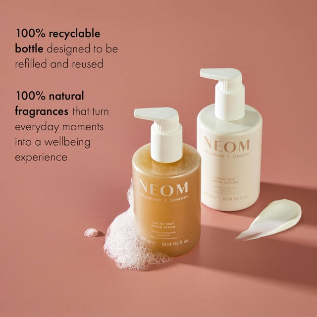 Experience the essence of wellbeing with Neom Wellbeing London's Great Day Hand Lotion, infused with uplifting Wild Mint and Mandarin. This luxurious hand lotion nourishes your skin with rich shea butter and envelops you in a delightful blend of 7 essential oils designed to elevate your mood. Perfect for a refreshing pick-me-up, apply to wet hands and massage for a rejuvenating experience. Neom is a Certified B Corporation, committed to ethical practices that benefit people and the planet.