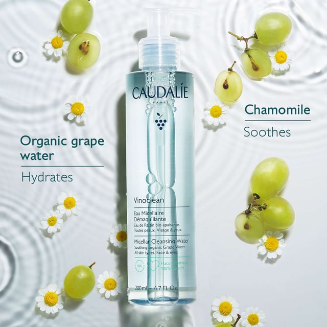 Caudalie Vinoclean Micellar Cleansing Water - Gentle Makeup Remover Experience the refreshing power of Caudalie Vinoclean Micellar Cleansing Water, your go-to solution for effortless makeup removal. This lightweight formula, made with 98% natural origin ingredients, effectively dissolves all traces of makeup while soothing the skin. Enriched with organic grape water, it hydrates your skin’s natural balance. Ideal for all skin types, including sensitive skin, this vegan cleanser requires no rinsing, making your skincare routine simpler than ever. Join Caudalie in its commitment to the planet, as your purchase supports environmental initiatives.
