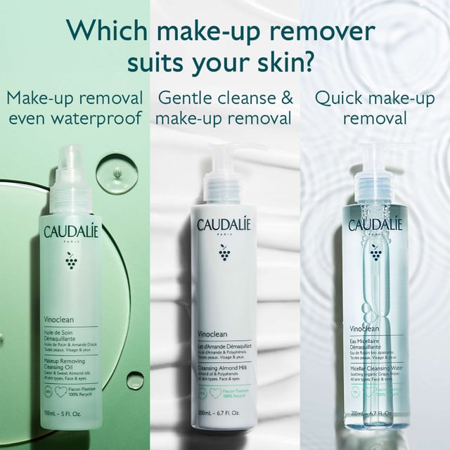 Caudalie Vinoclean Micellar Cleansing Water - Gentle Makeup Remover Experience the refreshing power of Caudalie Vinoclean Micellar Cleansing Water, your go-to solution for effortless makeup removal. This lightweight formula, made with 98% natural origin ingredients, effectively dissolves all traces of makeup while soothing the skin. Enriched with organic grape water, it hydrates your skin’s natural balance. Ideal for all skin types, including sensitive skin, this vegan cleanser requires no rinsing, making your skincare routine simpler than ever. Join Caudalie in its commitment to the planet, as your purchase supports environmental initiatives.