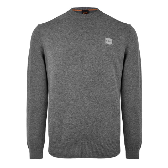 Mens BOSS Kanovaro Crewneck Sweater in light grey.A super-soft sweater by BOSS Menswear. Knitted in cotton blended with cashmere for a luxurious feel  featuring a logo patch at the left chest.- Ribbed crew neck.- Ribbed cuffs and hem.- Tonal logo patch.- Regular fit.- 95% Cotton  5% Cashmere.  Machine washable.- Ref: 50471343051