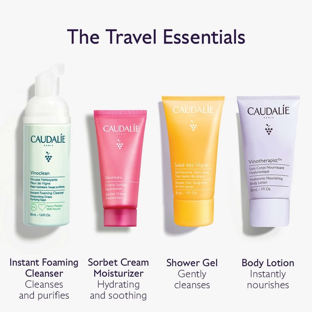 Discover essential skincare for your summer adventures with the Caudalie VinoHydra Summer Travel Skincare Set. This limited edition collection comes in a stylish pouch, perfect for beach trips or city escapes. Inside, you'll find the lightweight Vinoclean Foaming Cleanser (50ml), refreshing Vinohydra Sorbet Moisturiser (15ml), Soleil Des Vignes Shower Gel (30ml), and nourishing Vinotherapist Body Lotion (30ml). Each product cleanses, hydrates, and pampers your skin, while supporting Caudalie's commitment to sustainability.