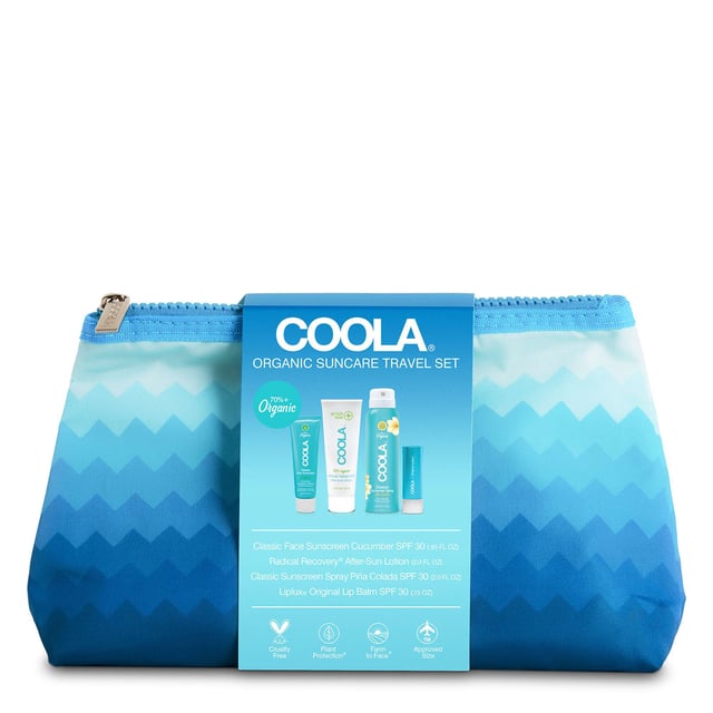 Discover the ultimate Coola Travel Set featuring essential organic suncare products in a reusable travel pouch. This kit is perfect for keeping your skin protected and hydrated on the go. Included are: 
- Coola Piña Colada Clear Sunscreen Spray SPF30 (60ml) for a refreshing scent.
- Coola Cucumber Face Sunscreen Lotion SPF30 (56ml) to soothe and protect.
- Coola Original Liplux Lip Balm SPF30 (4g) for soft lips.
- Coola Radical Recovery After Sun Lotion (25ml) to nourish your skin after sun exposure. Perfect for travel, ensuring sun protection wherever you go!