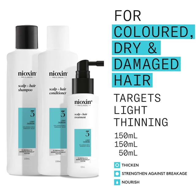 Discover the Nioxin Pro Clinical System 3 Trial Kit, expertly crafted for coloured hair experiencing light thinning. This clinically tested set revitalizes dry and damaged hair, enhancing thickness and strength to prevent breakage while safeguarding your vibrant colour. In just 30 days, 8 out of 10 users reported fuller, thicker hair! The kit includes: Nioxin Pro Clinical Scalp + Hair Shampoo (150ml), Conditioner (150ml), and Thickening Treatment (50ml). Key benefits include gentle cleansing, reduced breakage, and nourishing botanicals for scalp health.