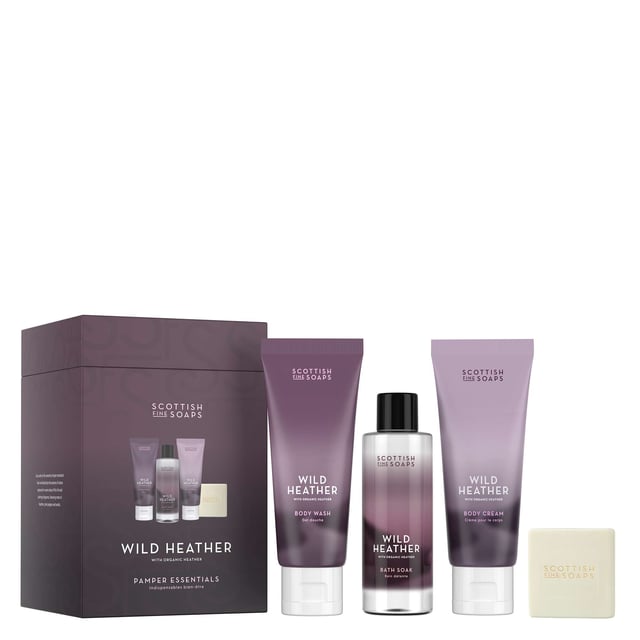 Experience the essence of wild Scotland with the Scottish Fine Soaps Wild Heather Pamper Set. This luxurious self-care collection is infused with natural antioxidants from wild heather, designed to repair and protect your skin and hair. The set includes a naturally exfoliating Body Wash featuring lactic acid, a hydrating Body Cream enriched with hyaluronic acid, a nourishing Bath Soak with vitamin E, and a glycerine-rich Cleansing Bar. Indulge in the refreshing and soothing properties of this exquisite range, perfect for a pampering session at home.