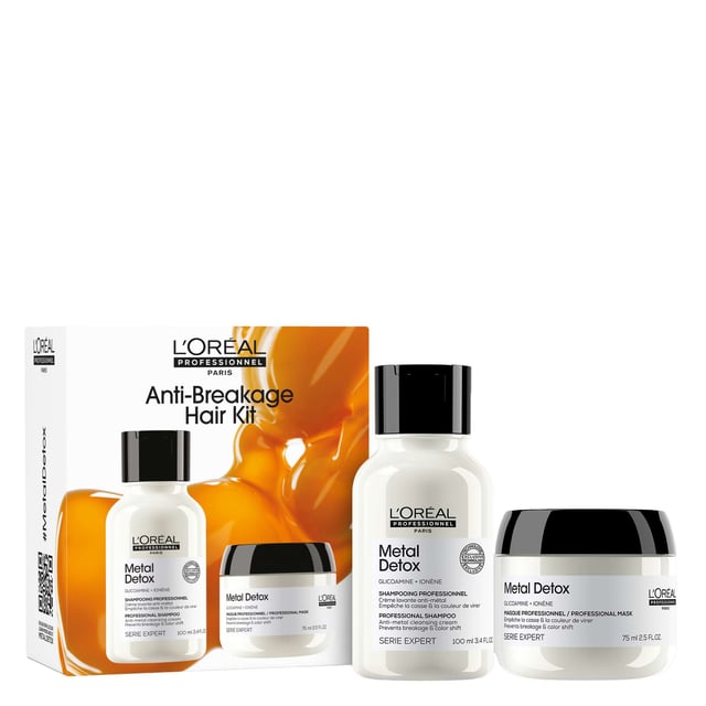 Discover the L'Oréal Professionnel Metal Detox Mini Kit, featuring a 100ml Anti-Breakage Shampoo and a 75ml Anti-Breakage Mask. This essential duo provides effective protection against hair breakage and color fade, making it ideal for travel or as a starter set. Enriched with Glicoamine, it tracks and neutralizes harmful metals within the hair, resulting in up to 87% less hair breakage after just one use and up to 2x more shine. Protect your hair from excess metals that can be absorbed from shower water, and enjoy vibrant, healthy locks with this professional haircare solution.
